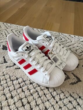 adidas Women's Superstar Sneakers - White with Red Stripes